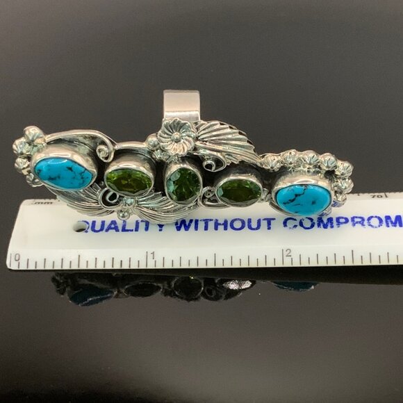 Big Peridot Turquoise Sterling Silver Elongated Handmade Navajo Ring Sz 9 J878 - Picture 11 of 12